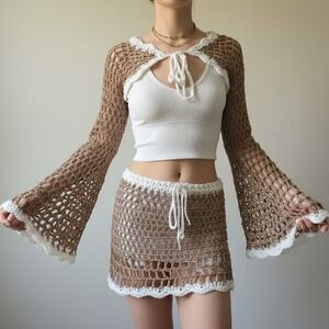 Handmade Crochet Festival Set, Bell Sleeve Front Tie Shrug & Mini Skirt, Taupe